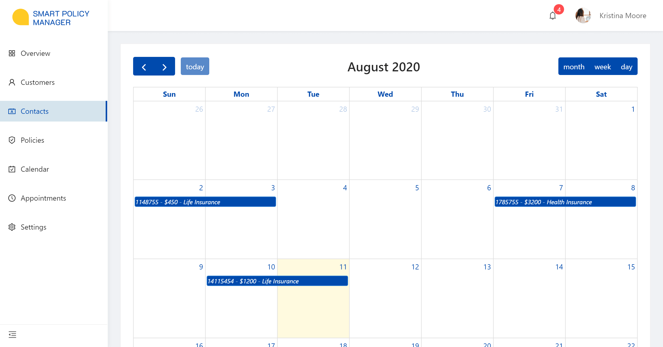 calendar view - smart policy manager crm